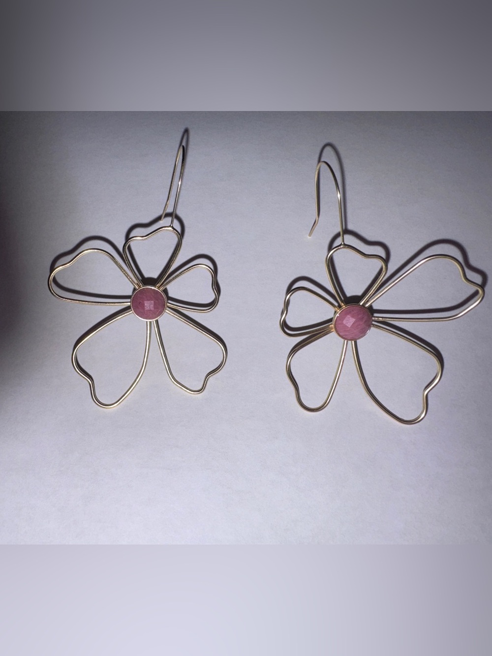 Anthropologie Gold Floral Wire Hoop Earrings with Pink Centers